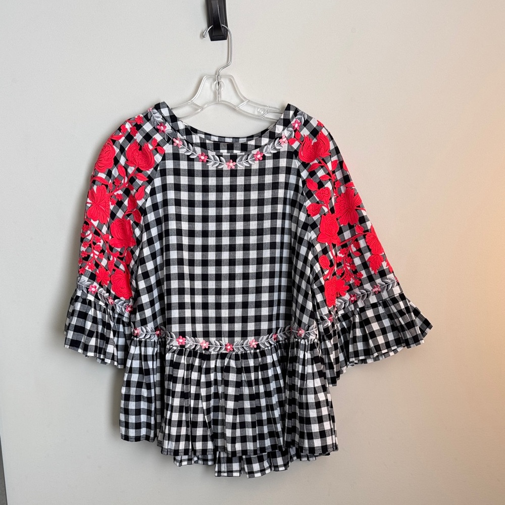 Black and White Checkered Top with Red Floral Embroidered Accents